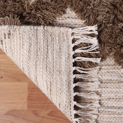 10' Sand And Taupe Wool Geometric Flatweave Handmade Stain Resistant Runner Rug With Fringe