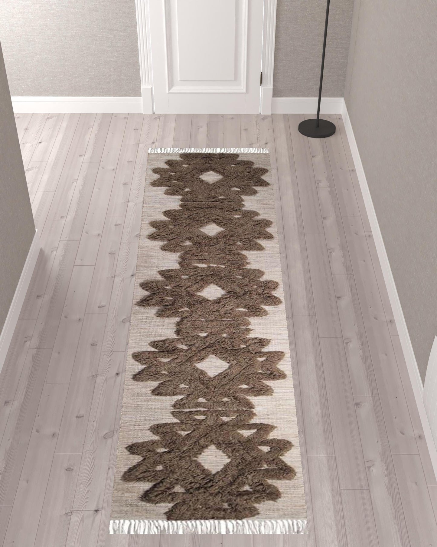 10' Sand And Taupe Wool Geometric Flatweave Handmade Stain Resistant Runner Rug With Fringe