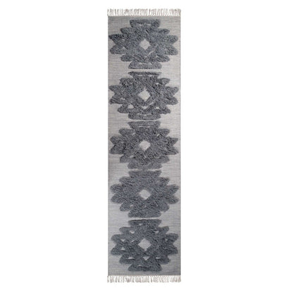 10' Silver And Grey Wool Geometric Flatweave Handmade Stain Resistant Runner Rug With Fringe