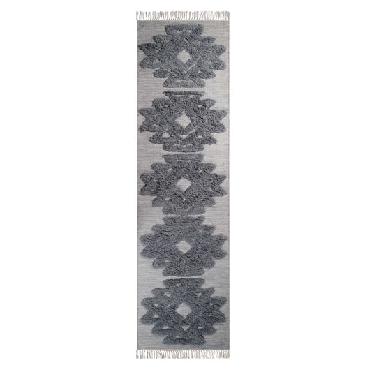 10' Silver And Grey Wool Geometric Flatweave Handmade Stain Resistant Runner Rug With Fringe