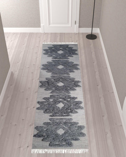 10' Silver And Grey Wool Geometric Flatweave Handmade Stain Resistant Runner Rug With Fringe