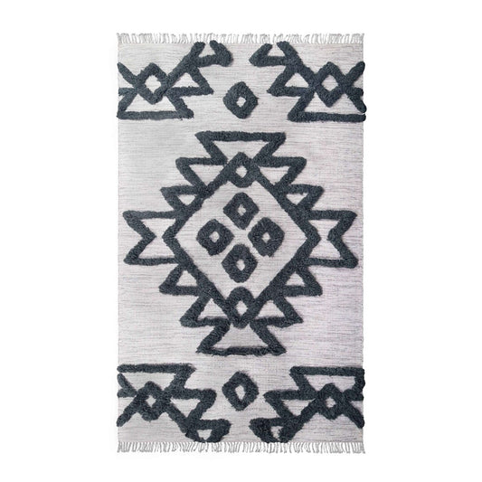 5' X 8' Ivory And Charcoal Wool Geometric Flatweave Handmade Stain Resistant Area Rug With Fringe