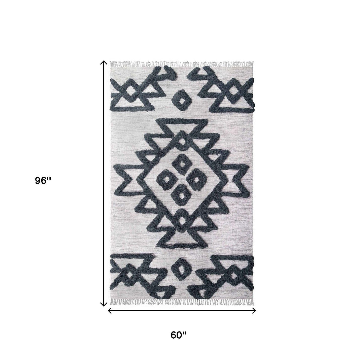 5' X 8' Ivory And Charcoal Wool Geometric Flatweave Handmade Stain Resistant Area Rug With Fringe