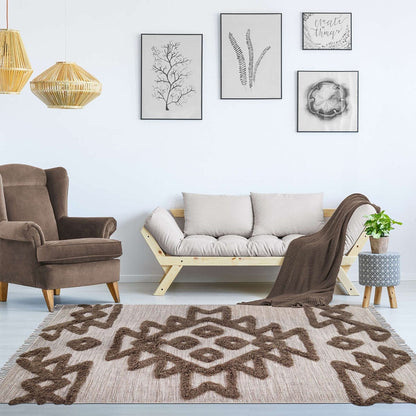 5' X 8' Sand And Taupe Wool Geometric Flatweave Handmade Stain Resistant Area Rug With Fringe