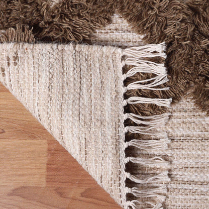 5' X 8' Sand And Taupe Wool Geometric Flatweave Handmade Stain Resistant Area Rug With Fringe
