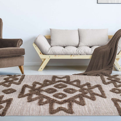 5' X 8' Sand And Taupe Wool Geometric Flatweave Handmade Stain Resistant Area Rug With Fringe