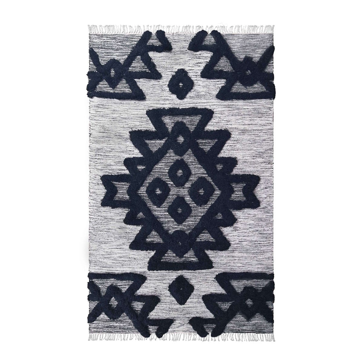 8' X 10' Black And Ivory Wool Geometric Power Loom Stain Resistant Area Rug With Fringe