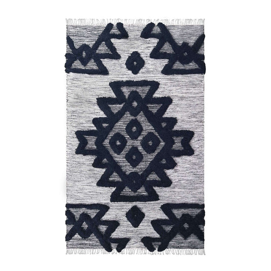 8' X 10' Black And Ivory Wool Geometric Power Loom Stain Resistant Area Rug With Fringe