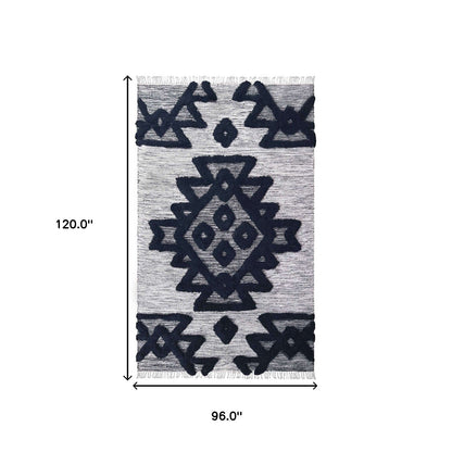 8' X 10' Black And Ivory Wool Geometric Power Loom Stain Resistant Area Rug With Fringe