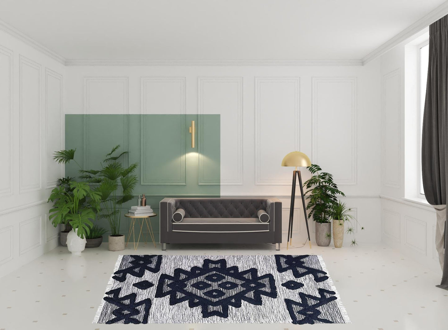 8' X 10' Black And Ivory Wool Geometric Power Loom Stain Resistant Area Rug With Fringe