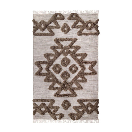 8' X 10' Sand And Taupe Wool Geometric Power Loom Stain Resistant Area Rug With Fringe