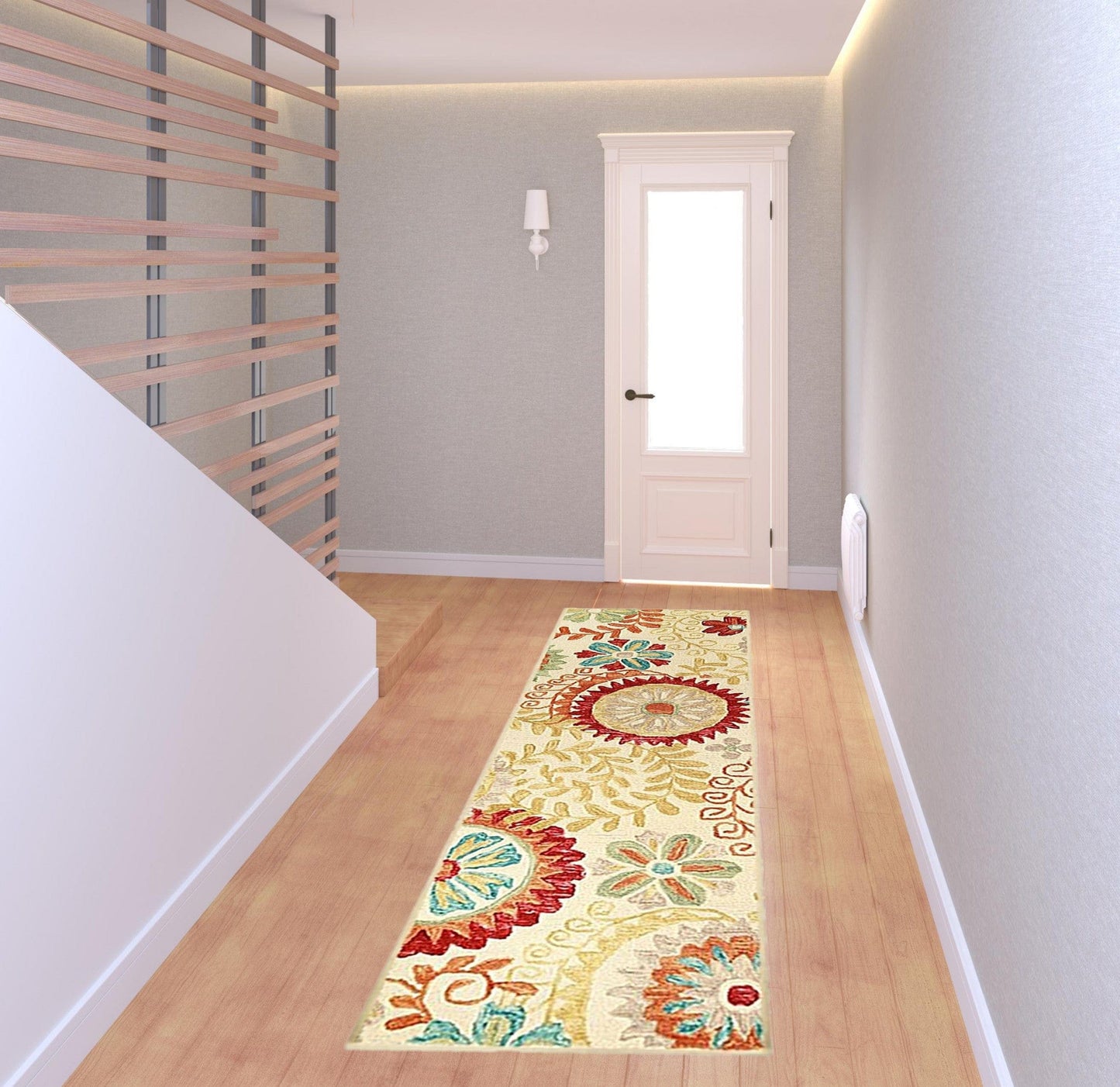 8' Cream Wool Medallion Tufted Handmade Stain Resistant Runner Rug