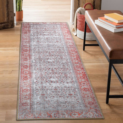 8' Berry Red Oriental Power Loom Stain Resistant Runner Rug
