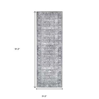 8' Charcoal Oriental Power Loom Stain Resistant Runner Rug