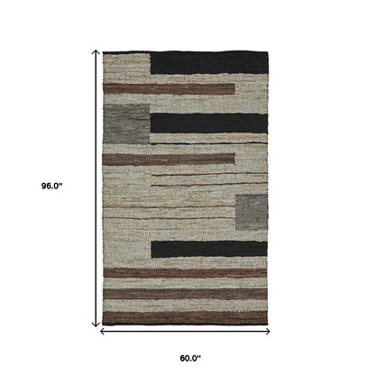 5' X 8' Oatmeal Striped Hand Woven Stain Resistant Area Rug
