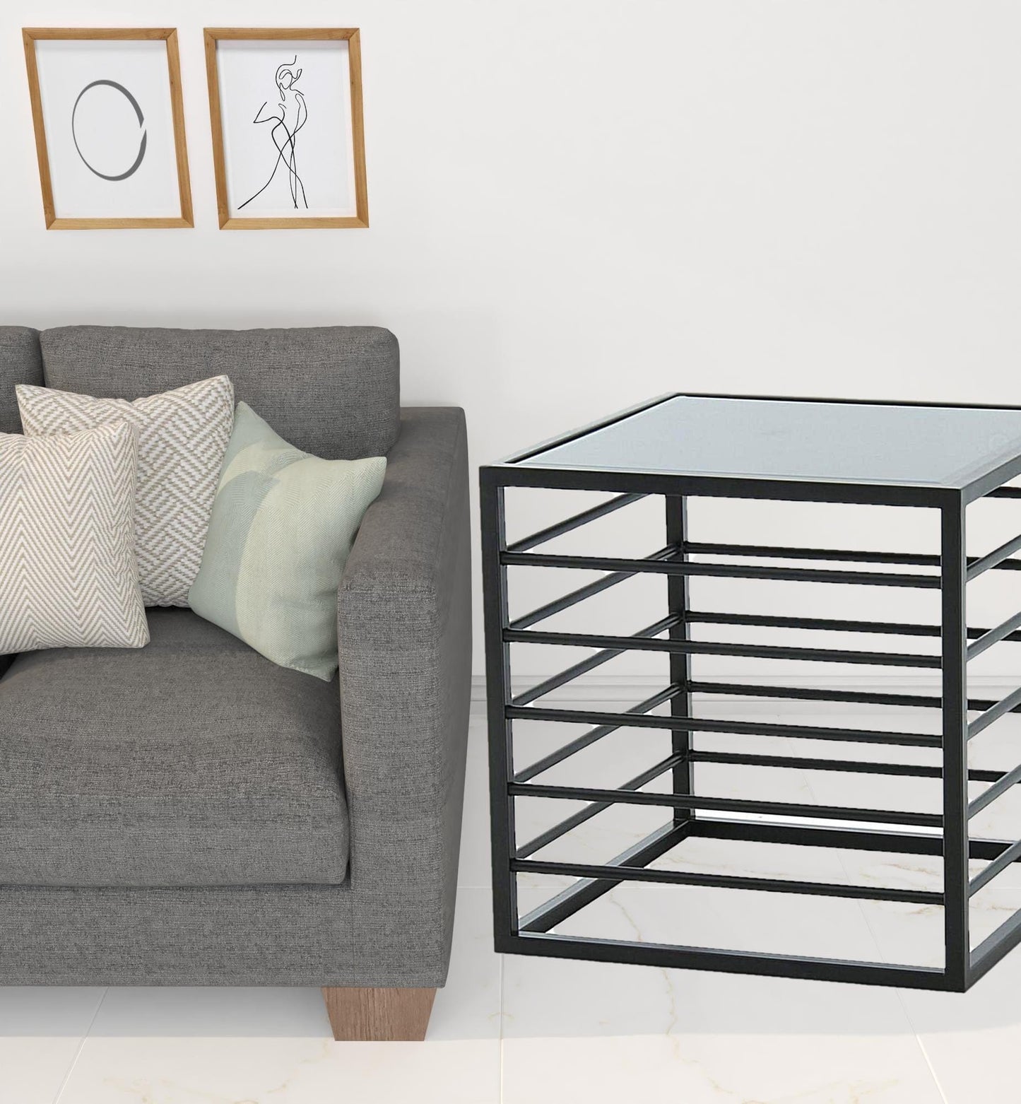 24" Black and Metal Contemporary Glass Square End Table