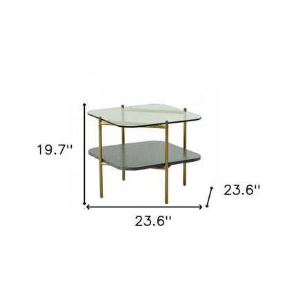 20" Gold And Clear Glass And Metal Square End Table With Shelf