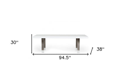 95" White And Gun Metal Rectangular Manufactured Wood And Stainless Steel Dining Table