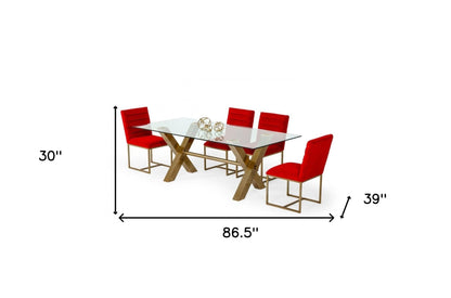 87" Clear And Gold Rectangular Glass And Stainless Steel Dining Table