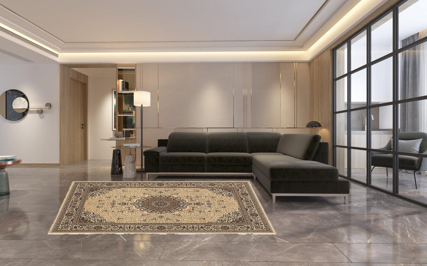 7' X 10' Cream Oriental Medallion Stain Resistant Area Rug