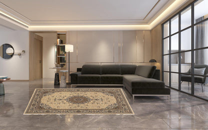 7' X 10' Cream Oriental Medallion Stain Resistant Area Rug