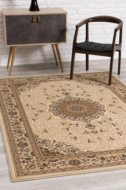 7' X 10' Cream Oriental Medallion Stain Resistant Area Rug