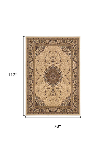 7' X 10' Cream Oriental Medallion Stain Resistant Area Rug