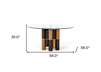 59" Clear And Walnut Rounded Glass And Solid Manufactured Wood Dining Table