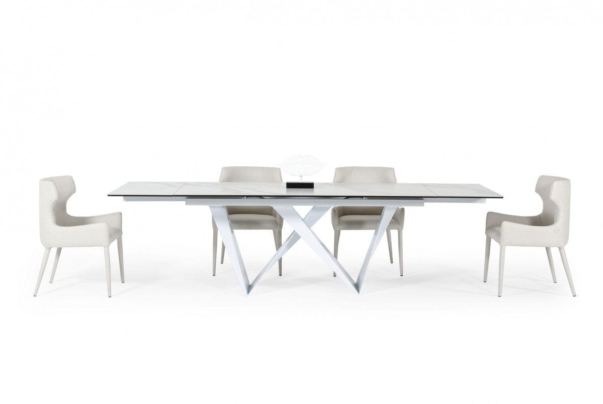 107" White Rectangular Ceramic And Metal Self-Storing Leaf Dining Table