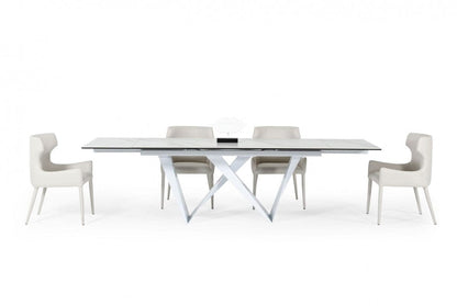 107" White Rectangular Ceramic And Metal Self-Storing Leaf Dining Table