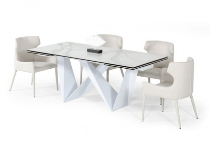 107" White Rectangular Ceramic And Metal Self-Storing Leaf Dining Table