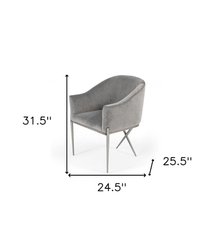 25" Grey Velvet And Silver Solid Color Arm Chair
