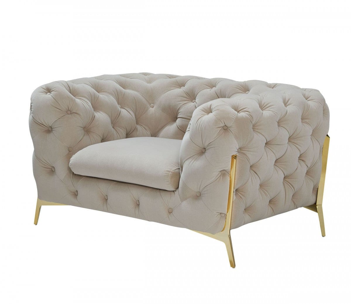 50" Beige Velvet And Gold Solid Color Chesterfield Chair