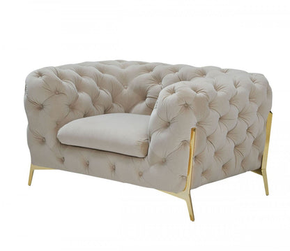 50" Beige Velvet And Gold Solid Color Chesterfield Chair