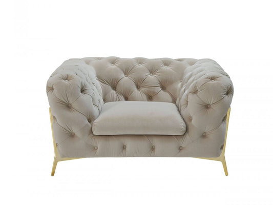 50" Beige Velvet And Gold Solid Color Chesterfield Chair