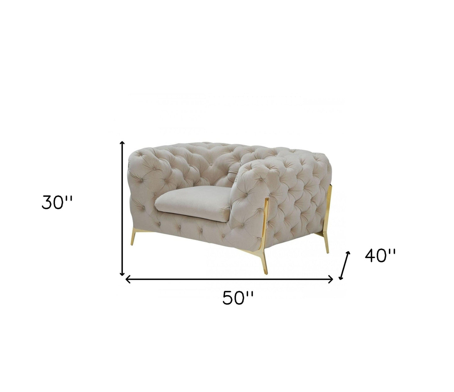 50" Beige Velvet And Gold Solid Color Chesterfield Chair