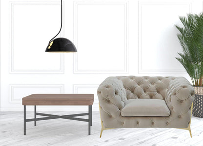 50" Beige Velvet And Gold Solid Color Chesterfield Chair