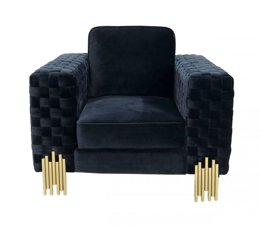 45" Black Velvet And Gold Solid Color Arm Chair