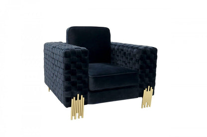 45" Black Velvet And Gold Solid Color Arm Chair