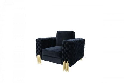 45" Black Velvet And Gold Solid Color Arm Chair