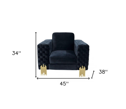 45" Black Velvet And Gold Solid Color Arm Chair