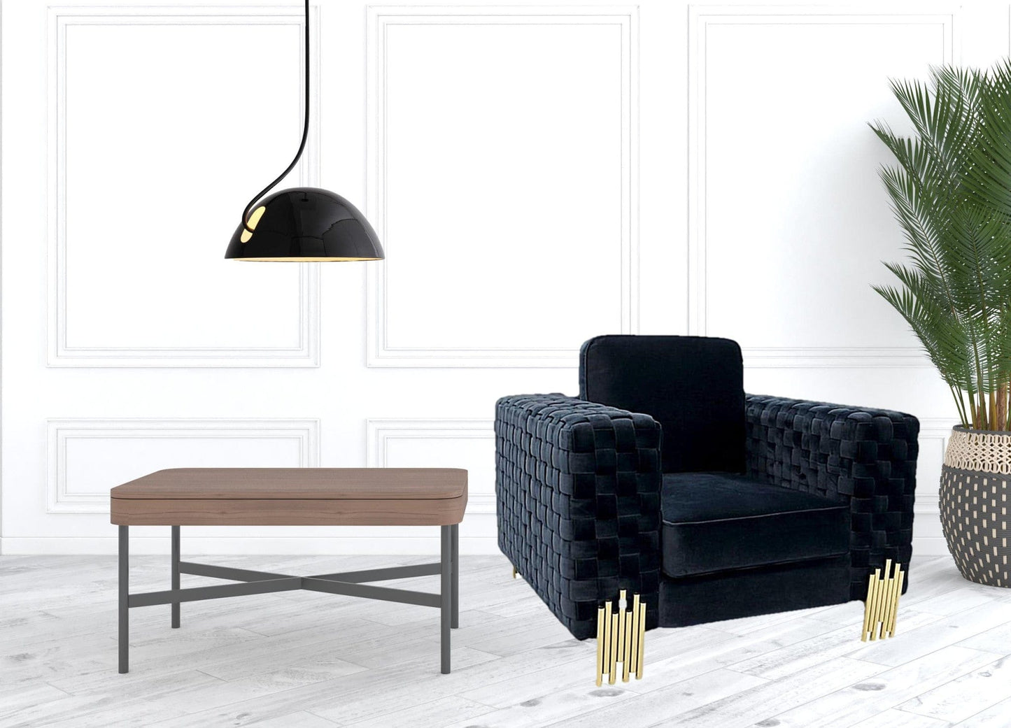 45" Black Velvet And Gold Solid Color Arm Chair