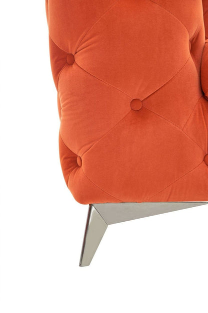 50" Orange Velvet And Silver Solid Color Chesterfield Chair
