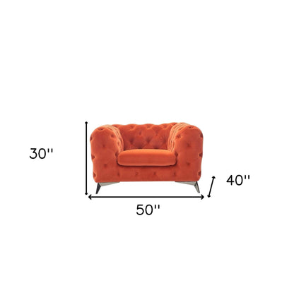 50" Orange Velvet And Silver Solid Color Chesterfield Chair