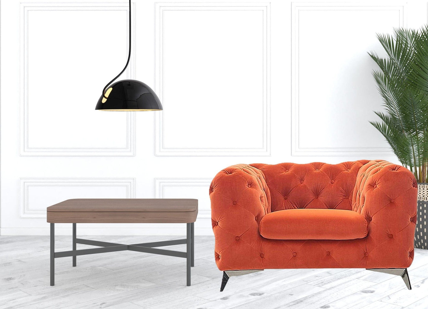 50" Orange Velvet And Silver Solid Color Chesterfield Chair