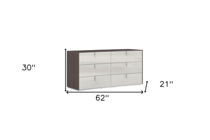 62" Grey Manufactured Wood Six Drawer Double Dresser