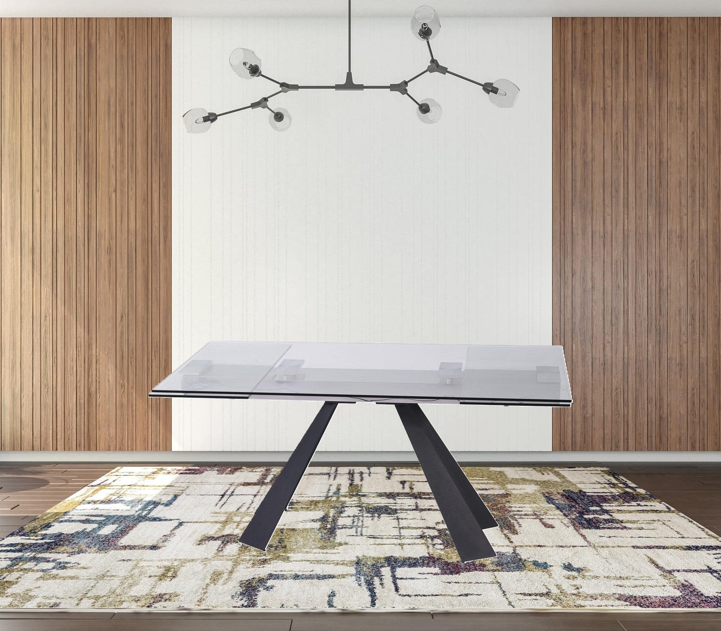 63" Glass and Black Extendable Dining Table With Accordion Metal Base