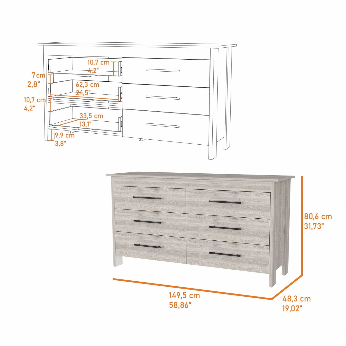 32" Light Gray Manufactured Wood Six Drawer Double Dresser