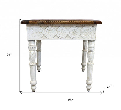 24" Ivory And Brown Solid Wood Square End Table