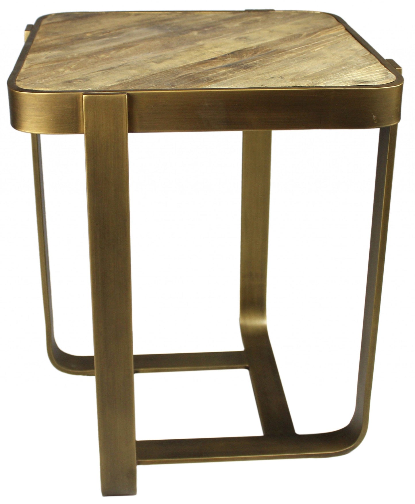 24" Brass And Brown Solid Wood And Iron Square End Table
